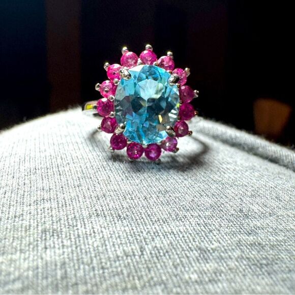 NWOT Blue Topaz 5.20 carat Pink Apatites Sterling Silver Ring Size 7 - Picture 2 of 8